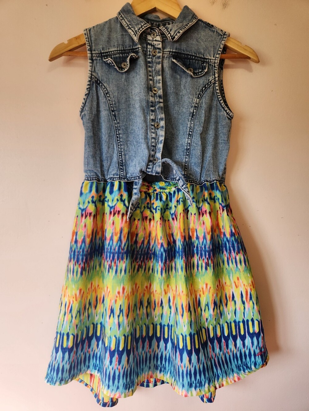 Silver Jeans Co Youth L Acid Wash Denim Aztec Ikat Tie Front Western Boho Dress